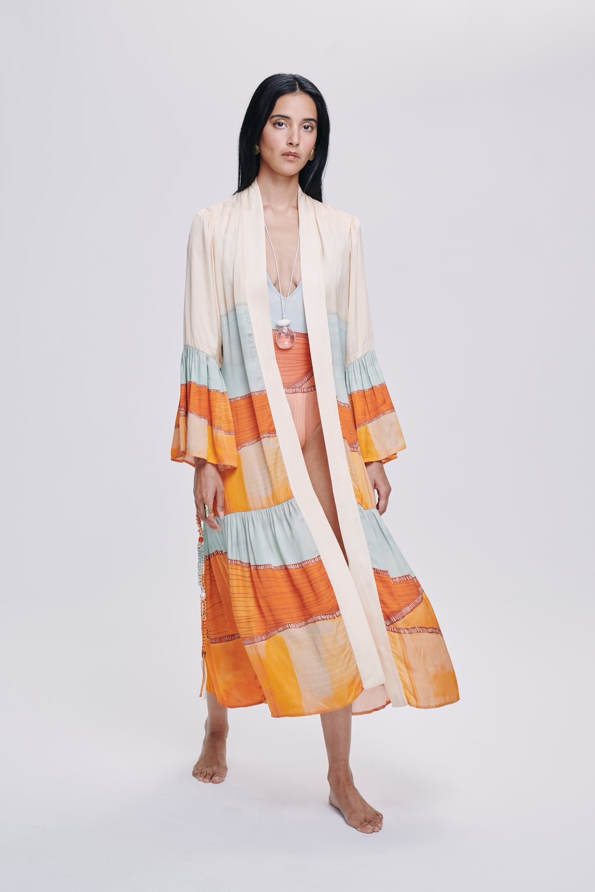 Carolina K Nico Robe in soft fabric, stylish clothing with a relaxed fit and elegant design, shown on a model.