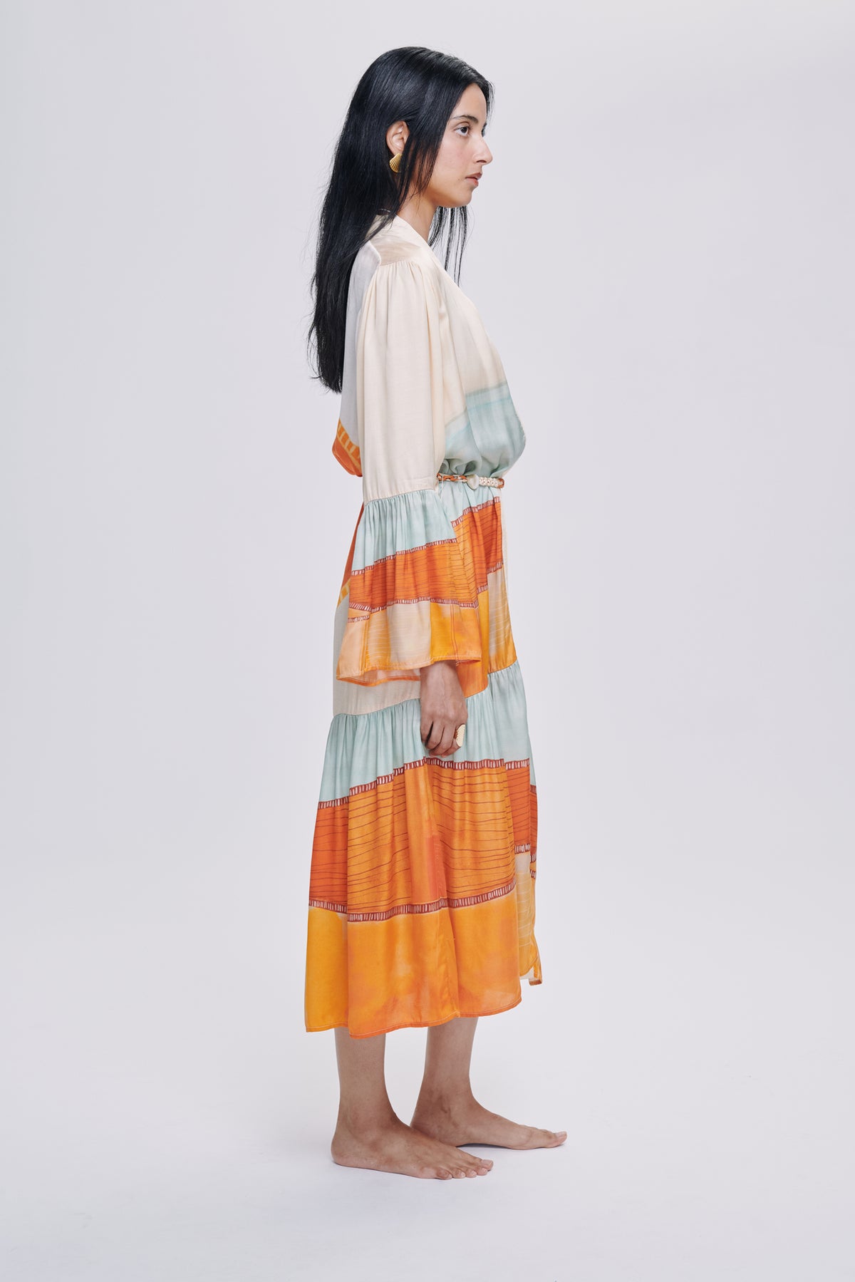 Carolina K Nico Robe made of soft fabric, featuring a stylish design with a relaxed fit, shown on a model.