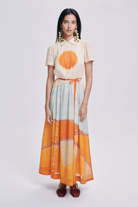 Carolina K Elisetta dress in vibrant floral print, lightweight fabric, and flowing silhouette, perfect for elegant casual wear.