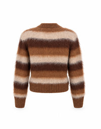 Back view of the Albor Cardigan showing its fuzzy striped knit and ribbed brown collar, cuffs and hem.