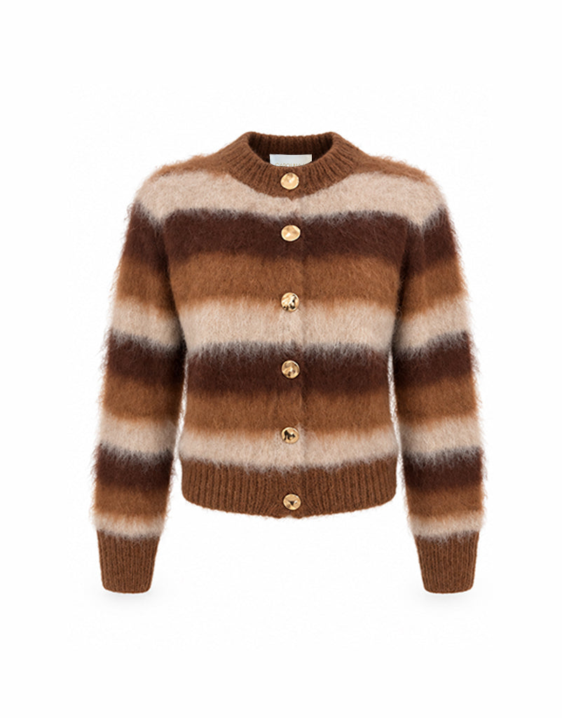Front view of the Albor Cardigan featuring cream, camel and chocolate-brown stripes, long sleeves and gold-tone buttons.