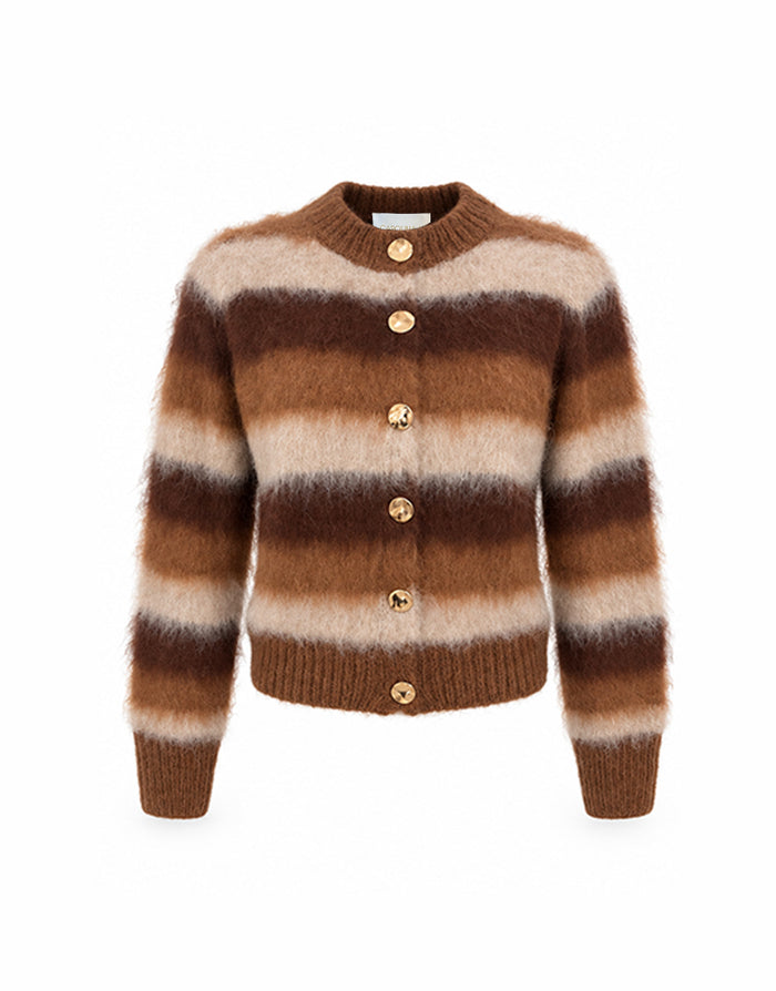 Front view of the Albor Cardigan featuring cream, camel and chocolate-brown stripes, long sleeves and gold-tone buttons.