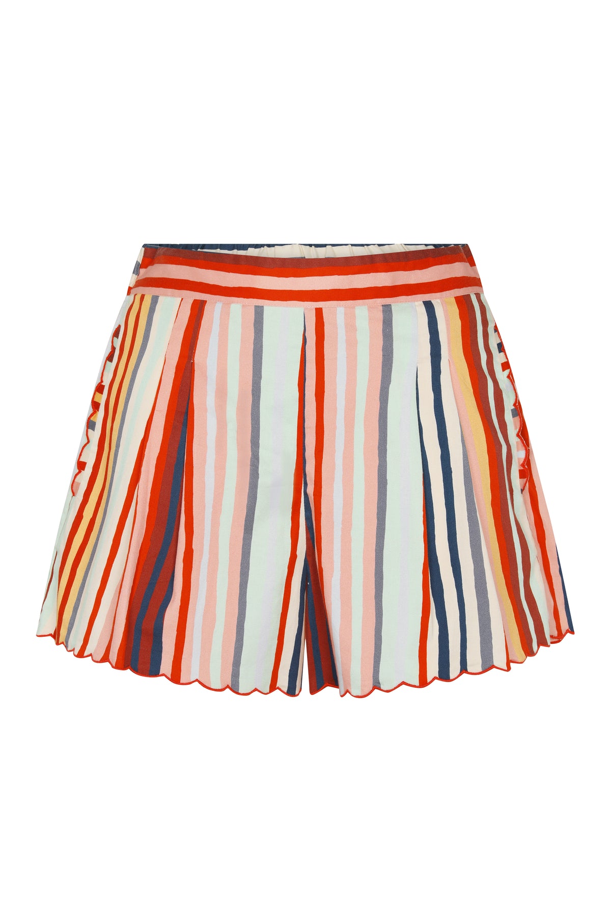 Front view of pleated shorts in multicolor vertical stripes with a scalloped hem and elastic waistband.