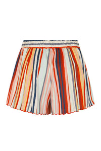Back view of pleated shorts in multicolor vertical stripes featuring an elastic waistband and scalloped hem.