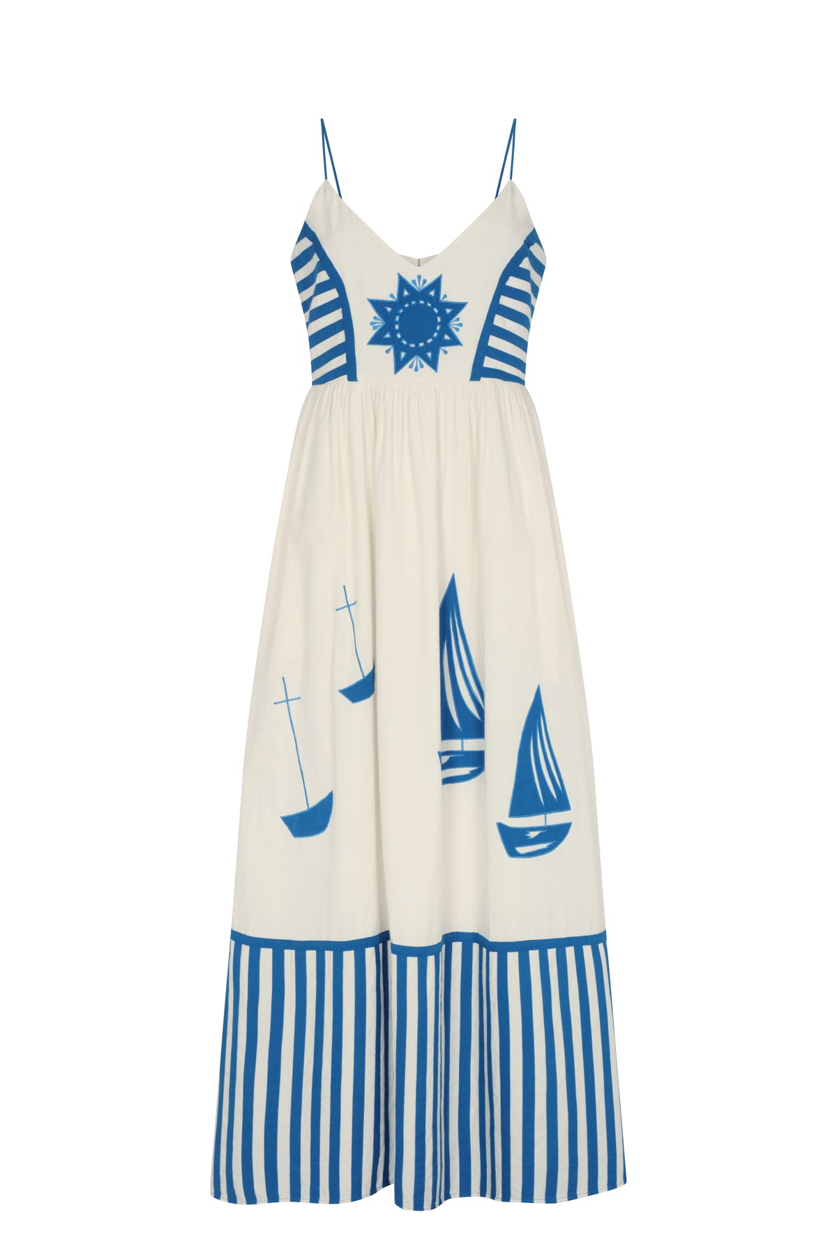 White maxi dress with a V-neckline, adjustable blue straps, and nautical-inspired blue sailboat prints. Finished with striped side panels and a blue-and-white striped hem.