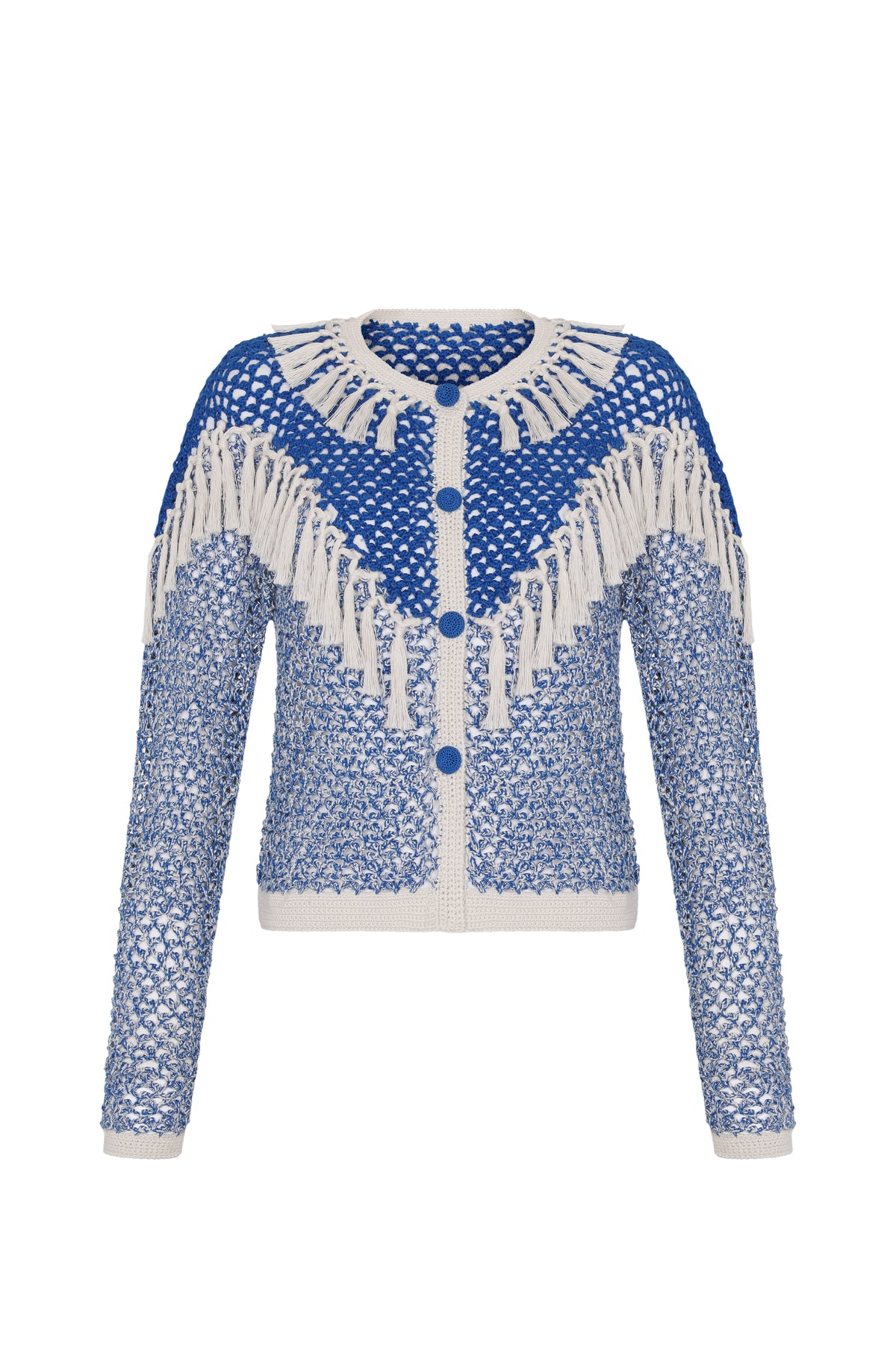 Hand-crocheted blue and ivory cardigan with a button-front closure, long sleeves, and decorative fringe detailing. Designed with an airy open-knit texture and contrast trim for a handcrafted look.