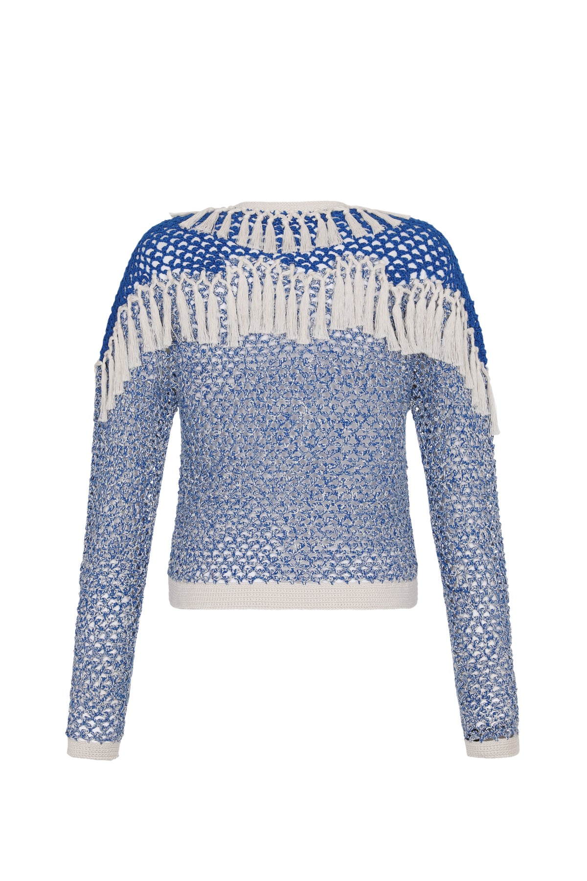 Hand-crocheted blue and ivory cardigan featuring an open-knit design, long sleeves, and statement fringe detailing across the shoulders and upper back. Finished with ribbed trim at the hem and cuffs.