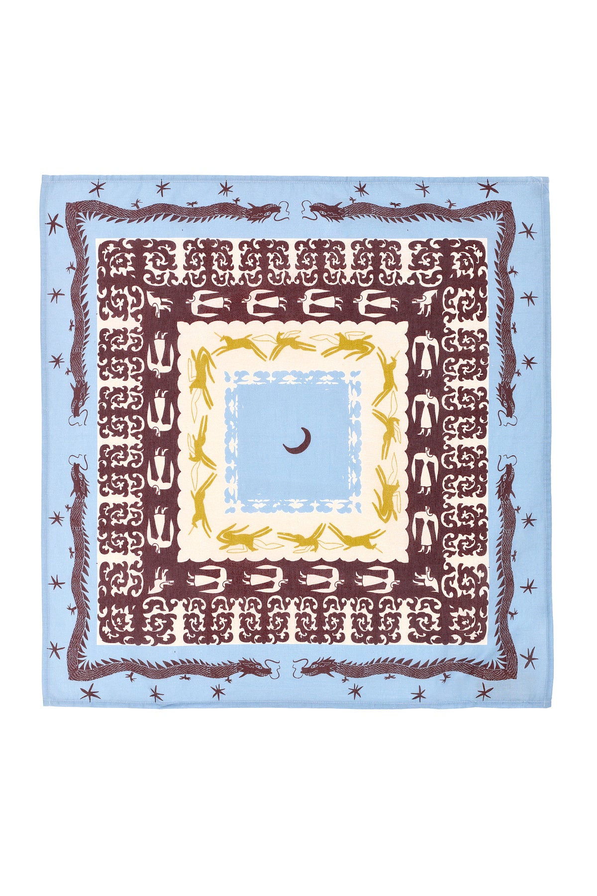 Square bandana featuring a folkloric horse and dragon motif in burgundy, mustard yellow, and cream on a sky-blue background. The design includes intricate symmetrical borders with repeating mythical symbols, stars, and central moon detailing.