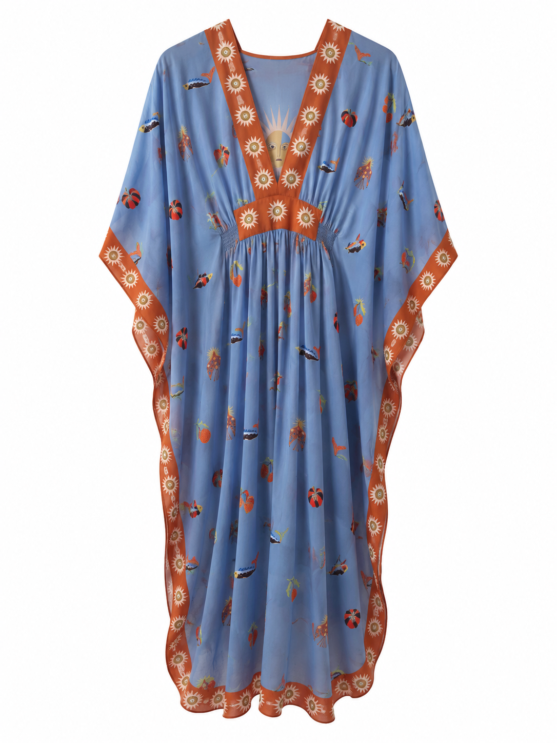 Carolina K Taiel kaftan featuring vibrant, flowing fabric with intricate patterns, perfect for stylish, comfortable summer wear.