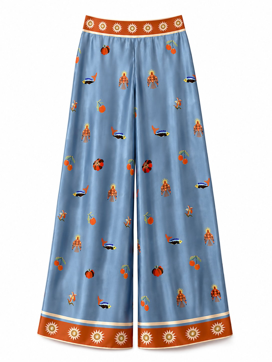 Carolina K stylish palazzo pants in flowing fabric with wide legs and vibrant pattern, perfect for casual or dressy occasions.