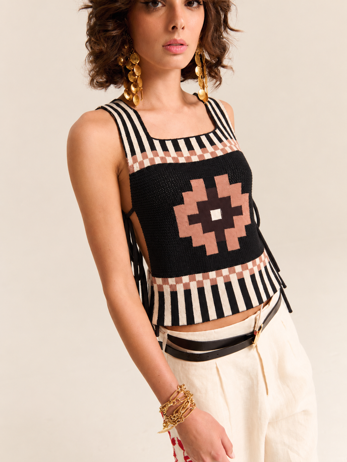 Carolina K Cleo Chacana top featuring colorful, embroidered details on a stylish clothing piece, displayed on a model.