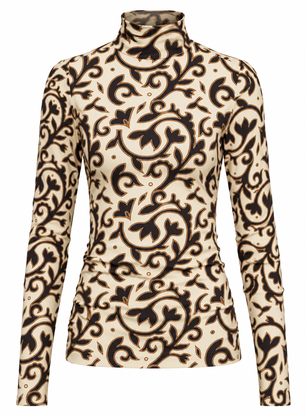 Ivory long-sleeve turtleneck top with an intricate dark brown floral motif, shown against a white background.