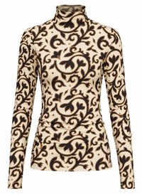 Ivory long-sleeve turtleneck top with an intricate dark brown floral motif, shown against a white background.