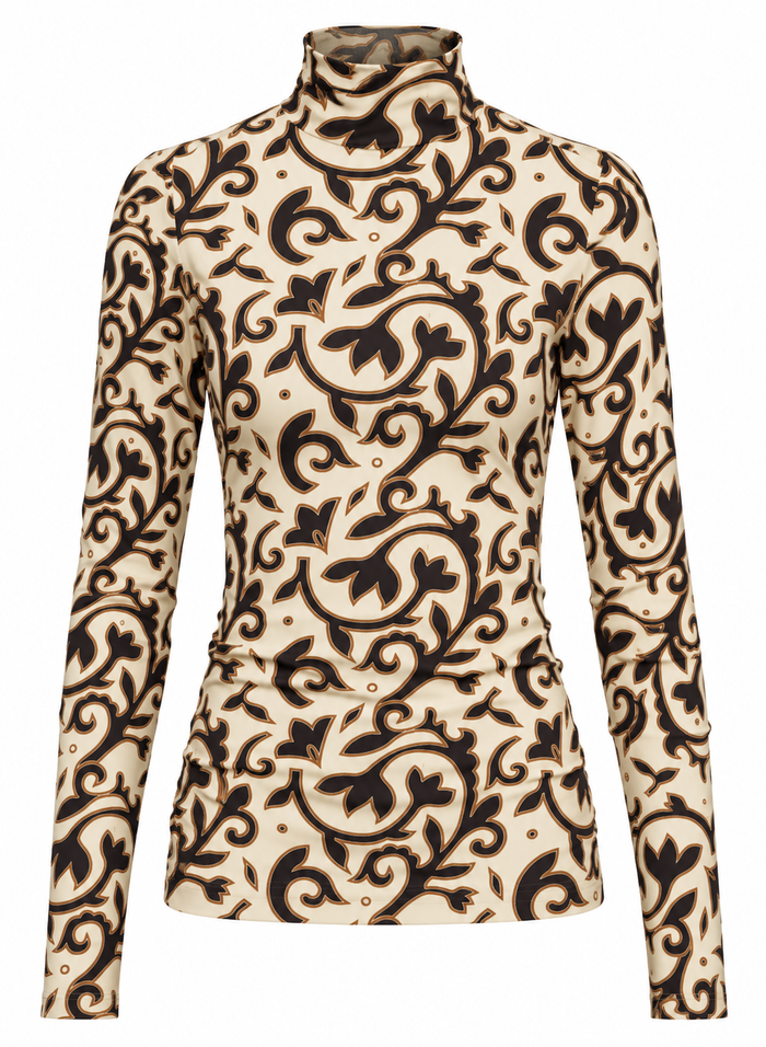 Ivory long-sleeve turtleneck top with an intricate dark brown floral motif, shown against a white background.