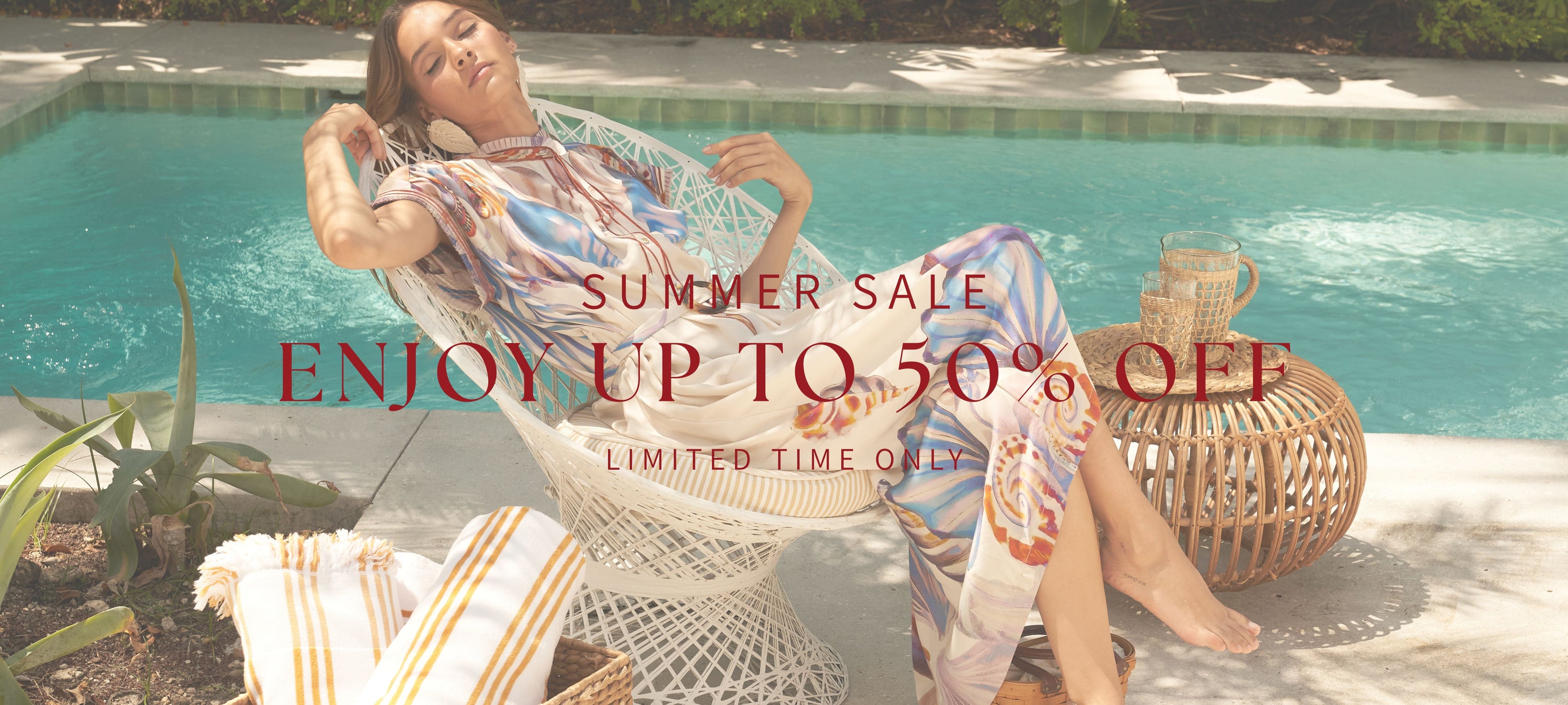 Woman lounging by a pool with promotional text for a summer sale.