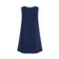 Back view of a sleeveless navy linen shift dress with a relaxed A-line silhouette. Features white sequin trim around the neckline and armholes, subtle pleating at the shoulders, and a concealed center-back zipper.