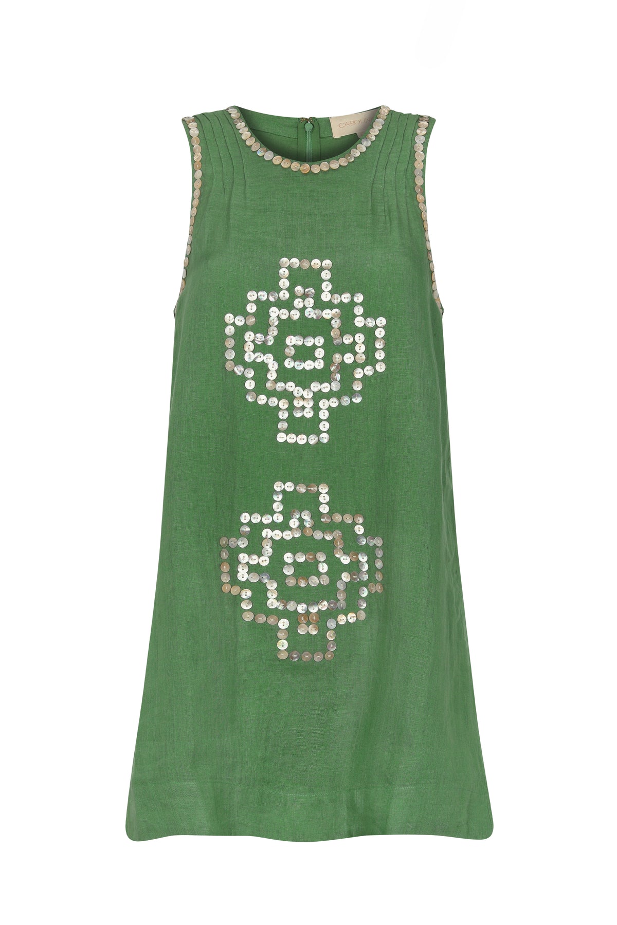 Front view of a sleeveless green shift dress with white button embellishment detailing at the neckline and geometric motifs on the front.