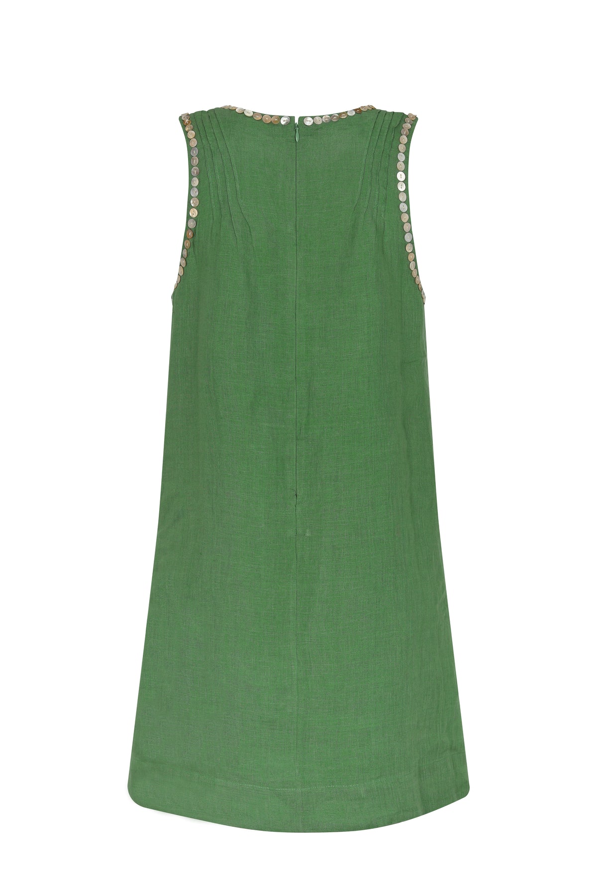 Back view of a sleeveless green shift dress with white button embellishment trim along the neckline and armholes.