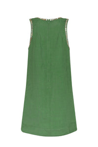 Back view of a sleeveless green shift dress with white button embellishment trim along the neckline and armholes.