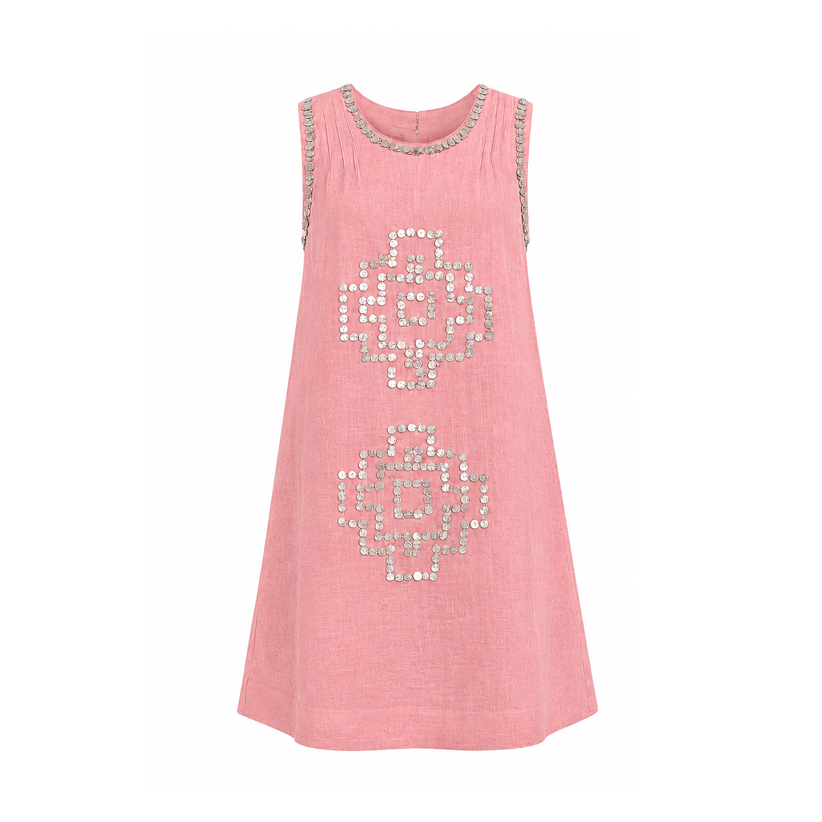 Sleeveless pink linen shift dress with a relaxed A-line silhouette. Features hand-applied silver sequin geometric motifs on the front, sequin trim along the neckline and armholes, subtle pleating at the shoulders, and a concealed back zipper.