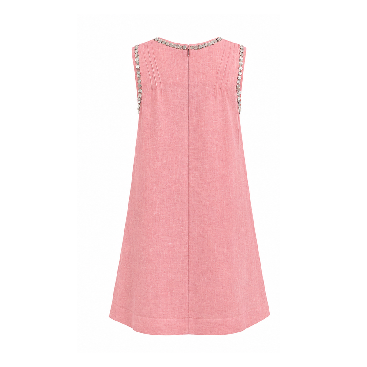 Back view of a sleeveless pink linen A-line dress with a clean, minimalist silhouette. Finished with silver sequin trim around the neckline and armholes, subtle shoulder pleats, and a concealed center-back zipper.