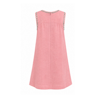 Back view of a sleeveless pink linen A-line dress with a clean, minimalist silhouette. Finished with silver sequin trim around the neckline and armholes, subtle shoulder pleats, and a concealed center-back zipper.