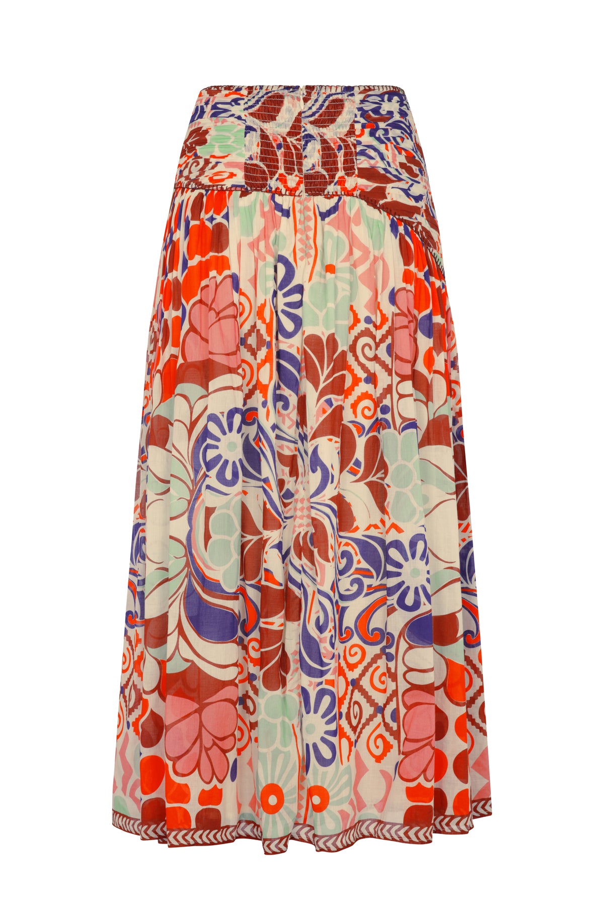 The back is finished with a comfortable smocked waistband that offers flexibility and ease. The flowing skirt highlights the vibrant print from every angle.