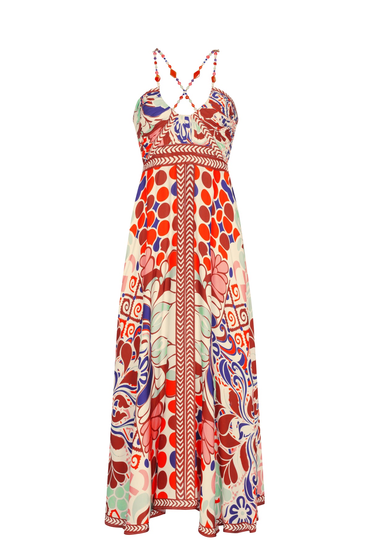 A vibrant maxi dress featuring our signature Punta print. Designed with a flattering empire waist, beaded halter straps, and a flowing silhouette, it combines effortless elegance with a bold artistic pattern inspired by the coast.
