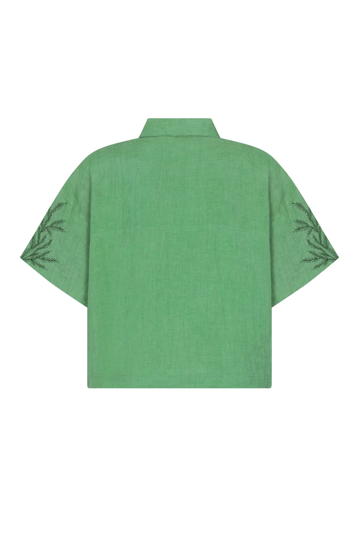 Short-sleeve linen shirt in mint with a relaxed silhouette and subtle tonal embroidery at the sleeves. Lightweight and breathable for effortless warm-weather styling.