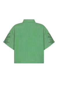 Short-sleeve linen shirt in mint with a relaxed silhouette and subtle tonal embroidery at the sleeves. Lightweight and breathable for effortless warm-weather styling.