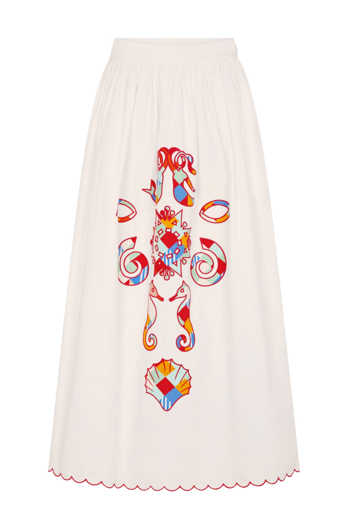 Flowy midi skirt in off-white cotton featuring a colorful placement print inspired by coastal motifs. Designed with a fitted waistband and finished with a scalloped hem trimmed in contrast red embroidery.