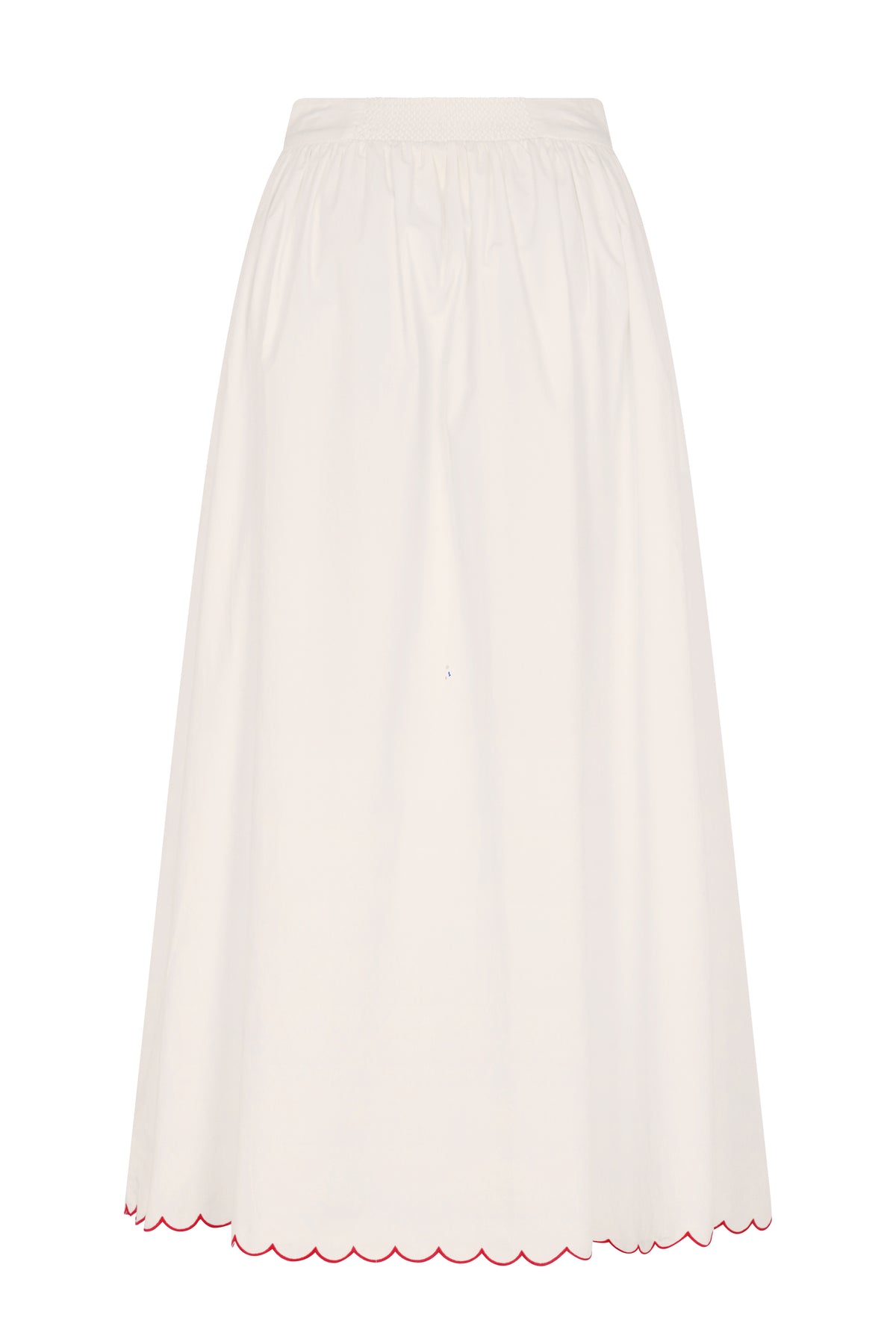 Off-white midi skirt with a clean, flowing silhouette, gathered waistband, and scalloped hem with contrast red embroidery. An effortless piece designed for everyday summer dressing.
