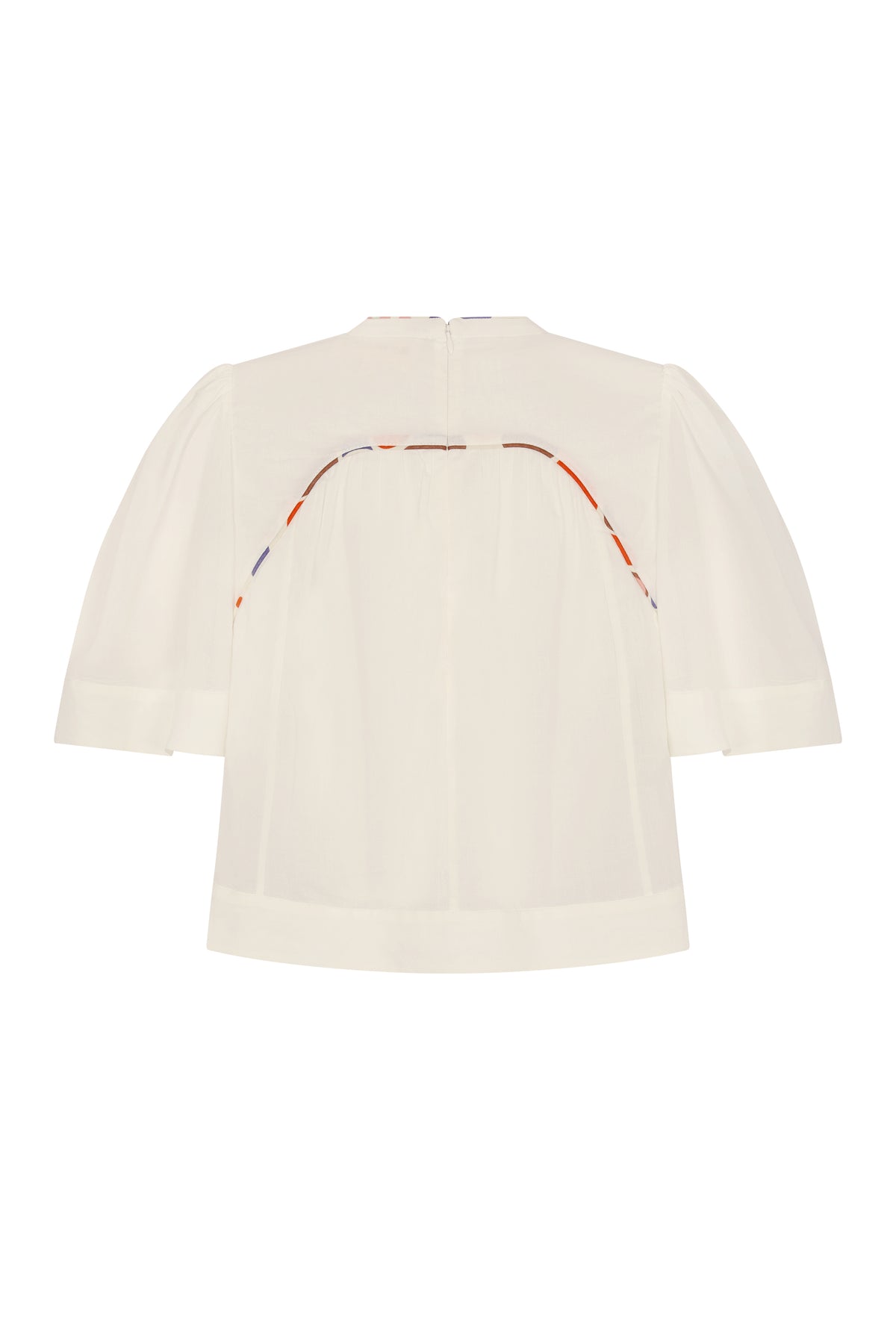 Off-white blouse with a fluid, relaxed fit and gently gathered back panel. Finished with contrast printed piping detail across the upper back and voluminous elbow-length sleeves for an airy, feminine look.