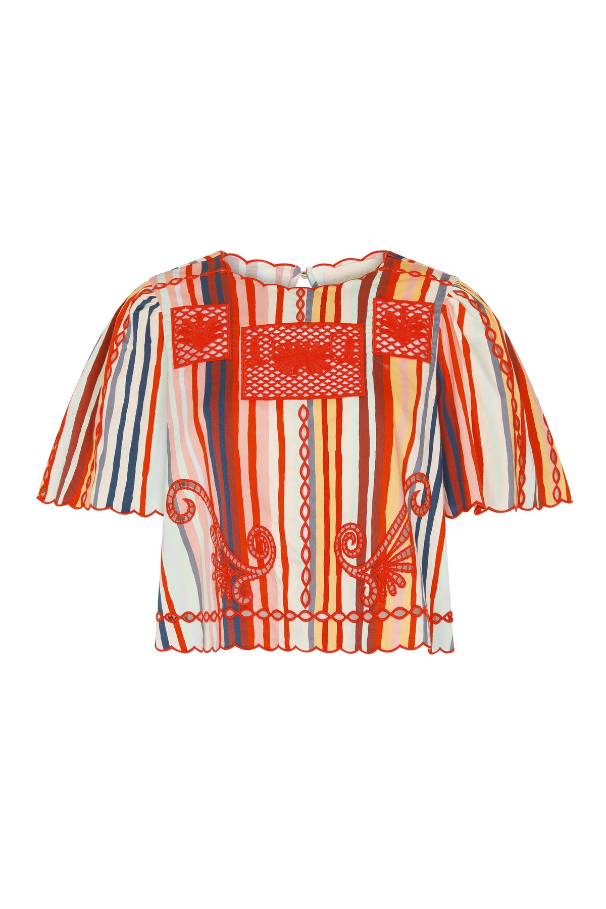 Front view of a cropped top in multicolor vertical stripes with short flutter sleeves, scalloped edges, and red embroidered appliqué detailing.