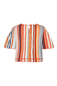Back view of a cropped top in multicolor vertical stripes with short flutter sleeves, scalloped trim, and button closure at the neckline.