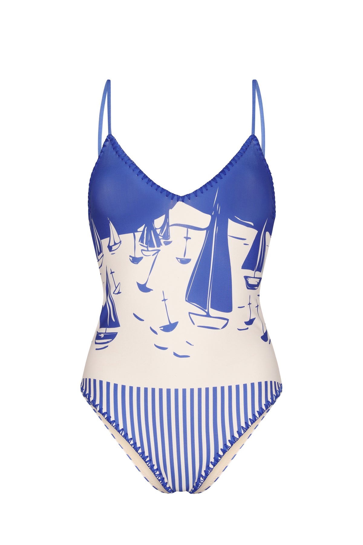 One-piece swimsuit featuring a nautical-inspired sailboat print in vibrant cobalt blue and off-white. Designed with a flattering V-neckline, adjustable shoulder straps, contrast whipstitch trim, and striped detailing at the hips for a fresh coastal look.