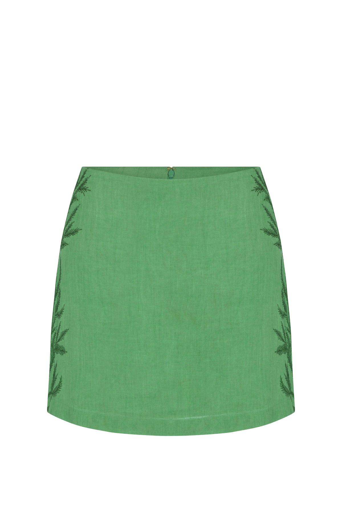 Mini skirt crafted in a fresh mint-green linen blend, featuring a clean A-line silhouette and subtle botanical embroidery along the side seams. Designed with a smooth waistband for a polished and versatile look.