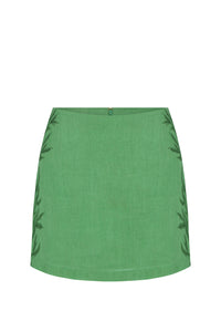 Mini skirt crafted in a fresh mint-green linen blend, featuring a clean A-line silhouette and subtle botanical embroidery along the side seams. Designed with a smooth waistband for a polished and versatile look.