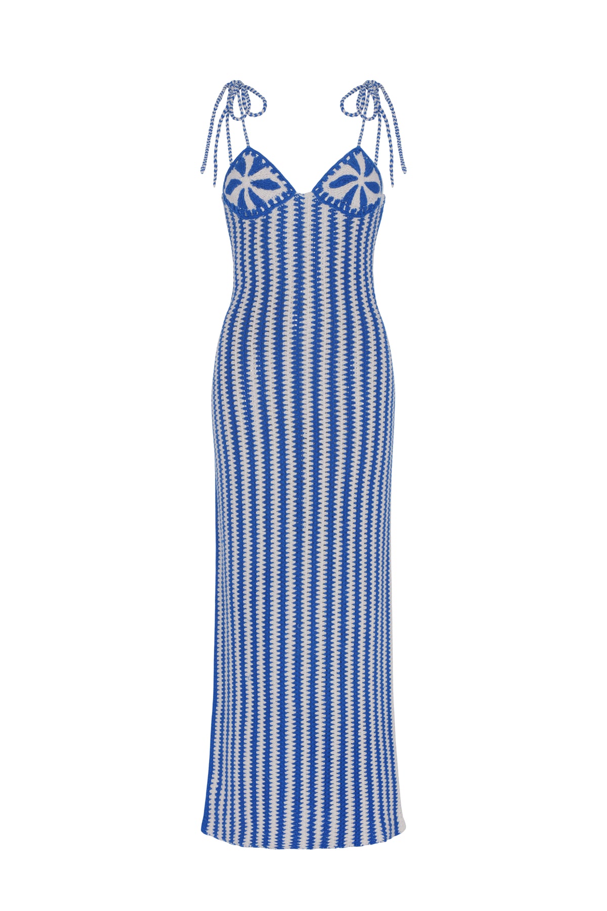 Hand-crocheted maxi dress featuring a striking blue and ivory striped pattern from bodice to hem. Designed with floral crochet cups, a sweetheart neckline, and adjustable braided tie straps, creating a fitted silhouette with a handcrafted, resort-inspired aesthetic.