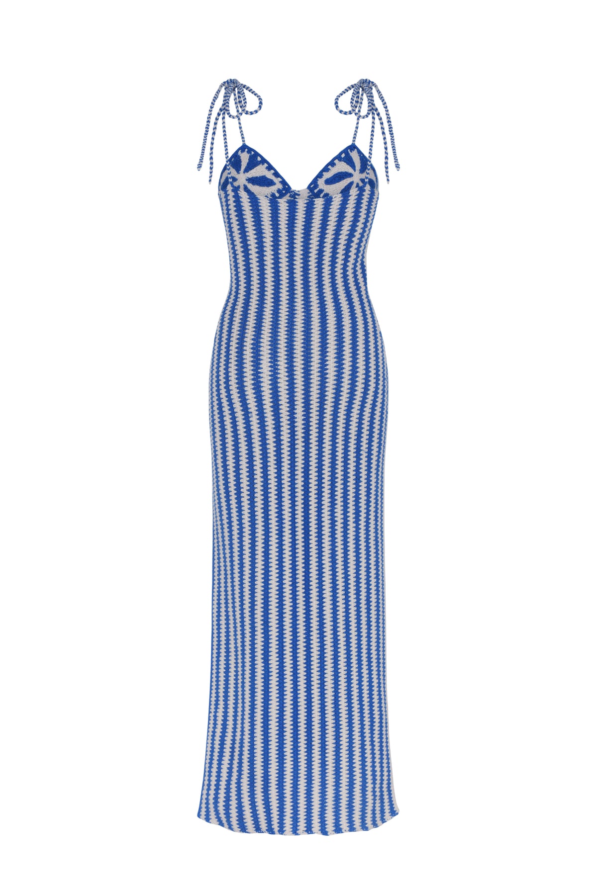 Crochet maxi dress in a blue and ivory striped design with a streamlined, body-skimming silhouette. Floral crochet detailing at the bust and braided shoulder ties enhance the artisanal character, while the full-length shape offers effortless elegance.