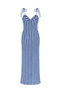 Crochet maxi dress in a blue and ivory striped design with a streamlined, body-skimming silhouette. Floral crochet detailing at the bust and braided shoulder ties enhance the artisanal character, while the full-length shape offers effortless elegance.