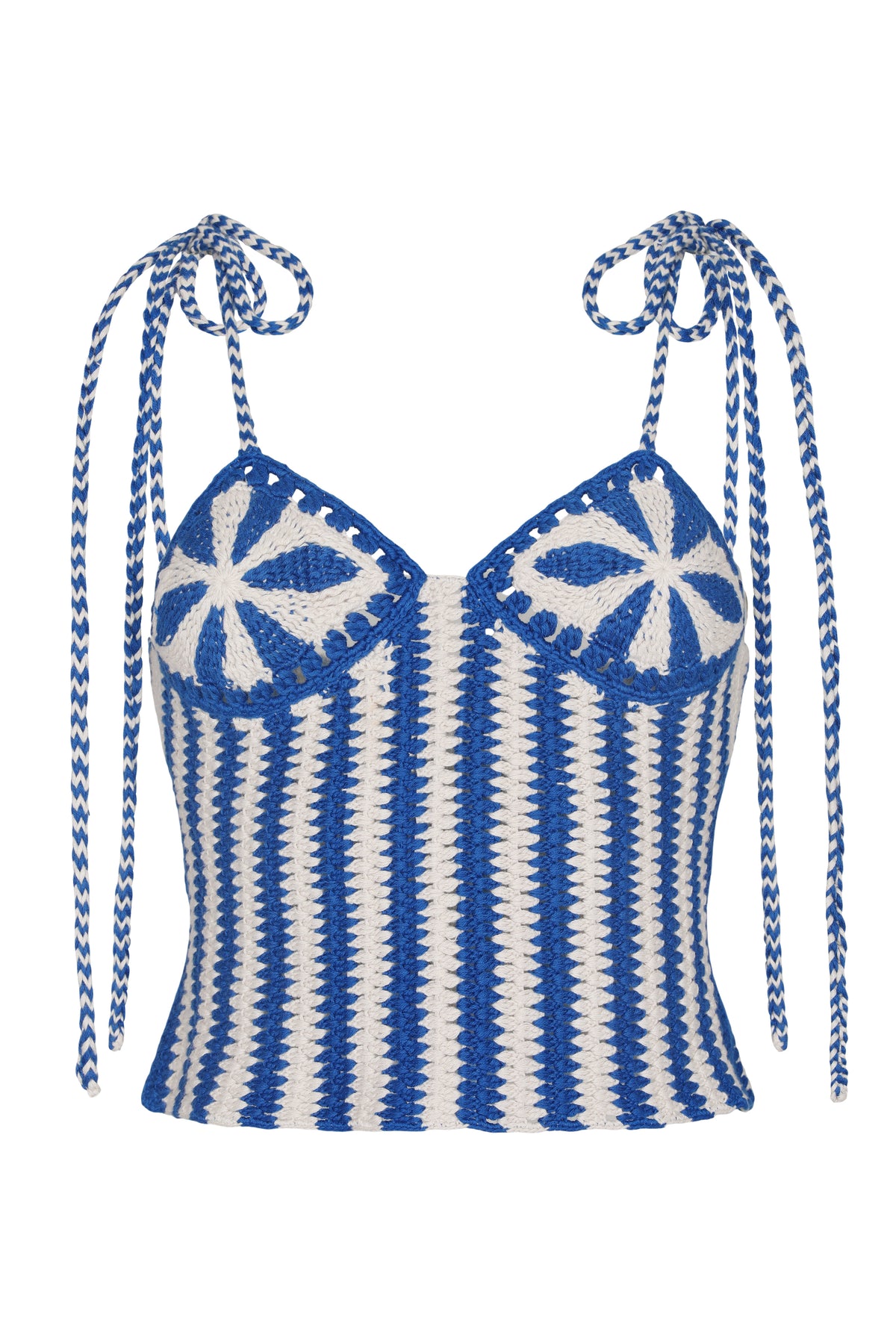 Hand-crocheted camisole top in blue and ivory featuring a striped pattern through the body and floral-inspired crochet cups. Designed with a sweetheart neckline and adjustable tie shoulder straps finished with braided detailing for a handcrafted, coastal feel.