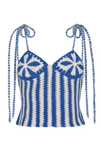 Hand-crocheted camisole top in blue and ivory featuring a striped pattern through the body and floral-inspired crochet cups. Designed with a sweetheart neckline and adjustable tie shoulder straps finished with braided detailing for a handcrafted, coastal feel.