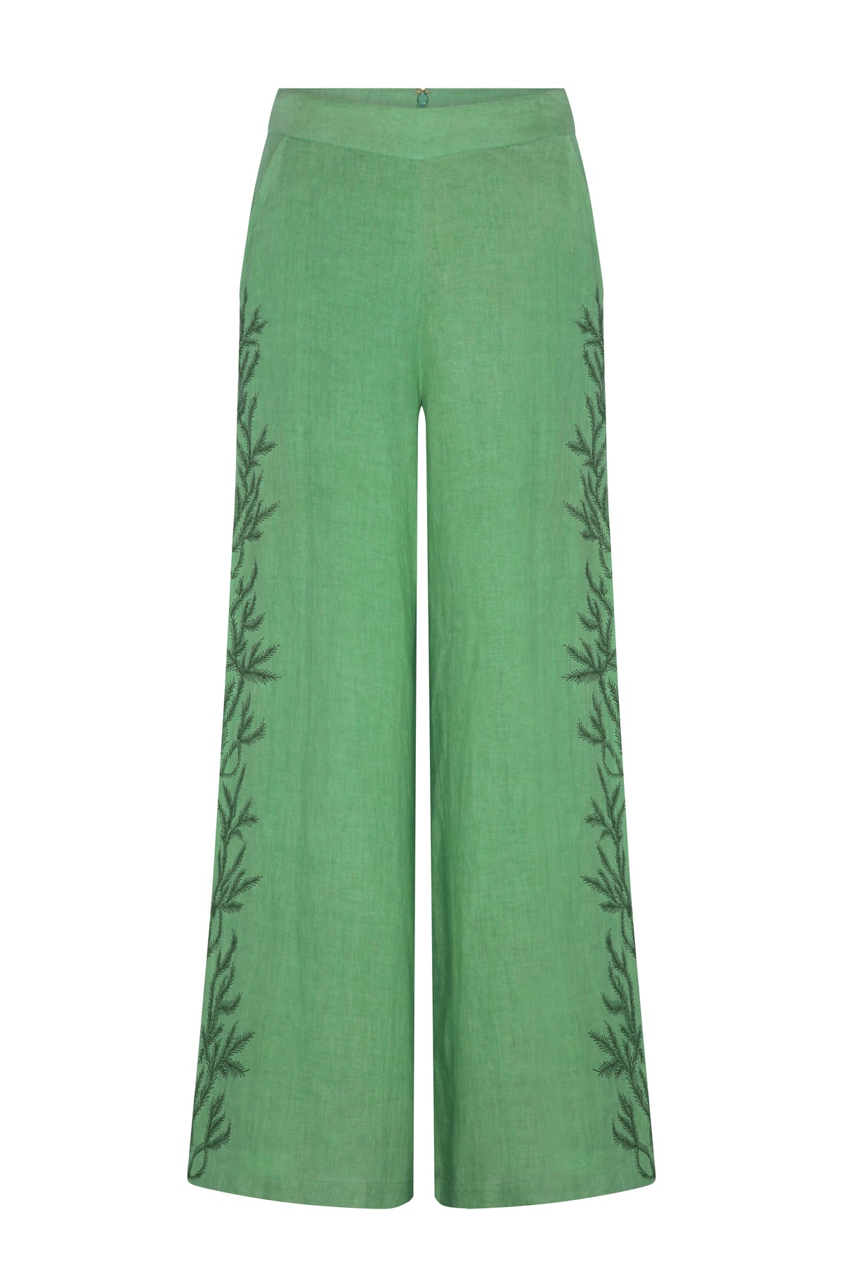Mint green linen-blend palazzo pants featuring a high-rise waistband and flowing wide-leg silhouette. Delicate tonal botanical embroidery runs along the outer sides of each leg, adding subtle texture and an elegant nature-inspired detail.