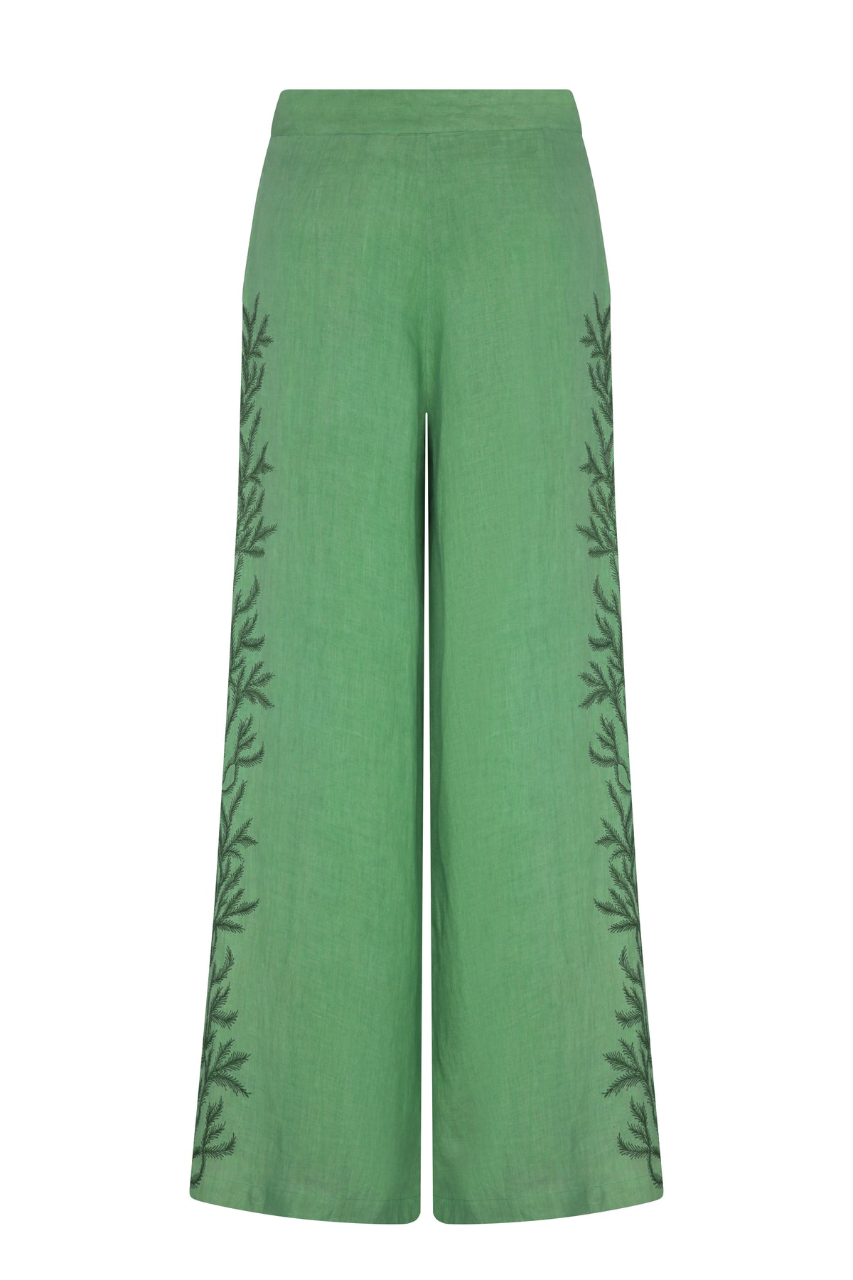 Back view of mint green wide-leg palazzo pants with a clean, tailored waistband and relaxed drape. Tonal botanical embroidery extends along the side seams, creating a refined and coordinated finish.