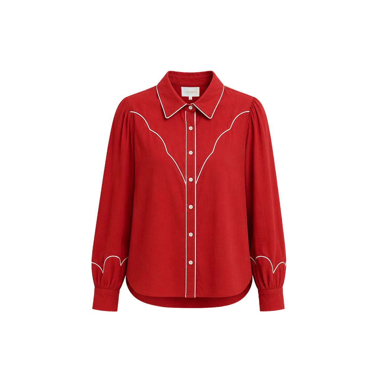 Red Carolina K Rodeo Shirt with Western design and button-front, ideal for casual or rodeo-inspired style.