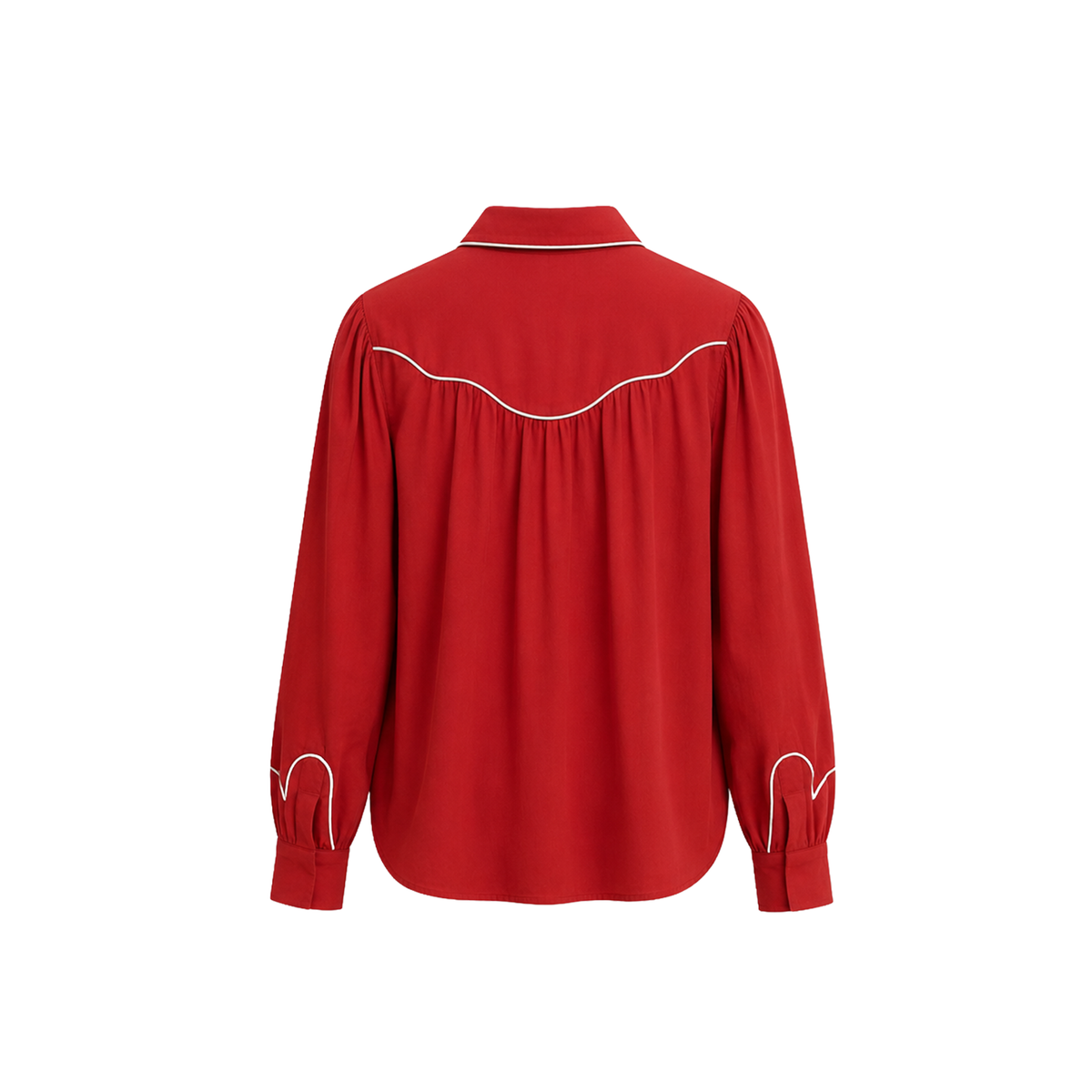 Red Carolina K rodeo shirt with button-front, long sleeves, and Western style, shown from the back.