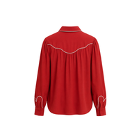 Red Carolina K rodeo shirt with button-front, long sleeves, and Western style, shown from the back.