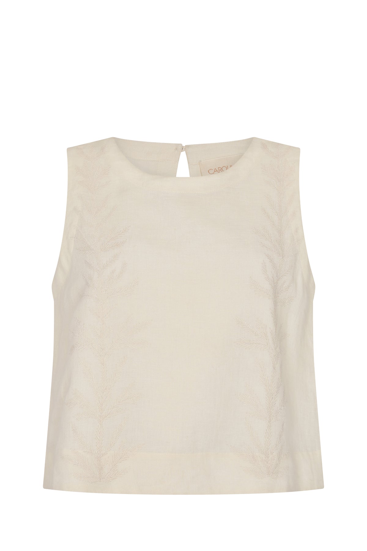 Sleeveless gardenia-white top crafted from lightweight linen-blend fabric with a relaxed, boxy silhouette. Features a round neckline and delicate tonal botanical embroidery framing the front panel for an understated, elegant look.