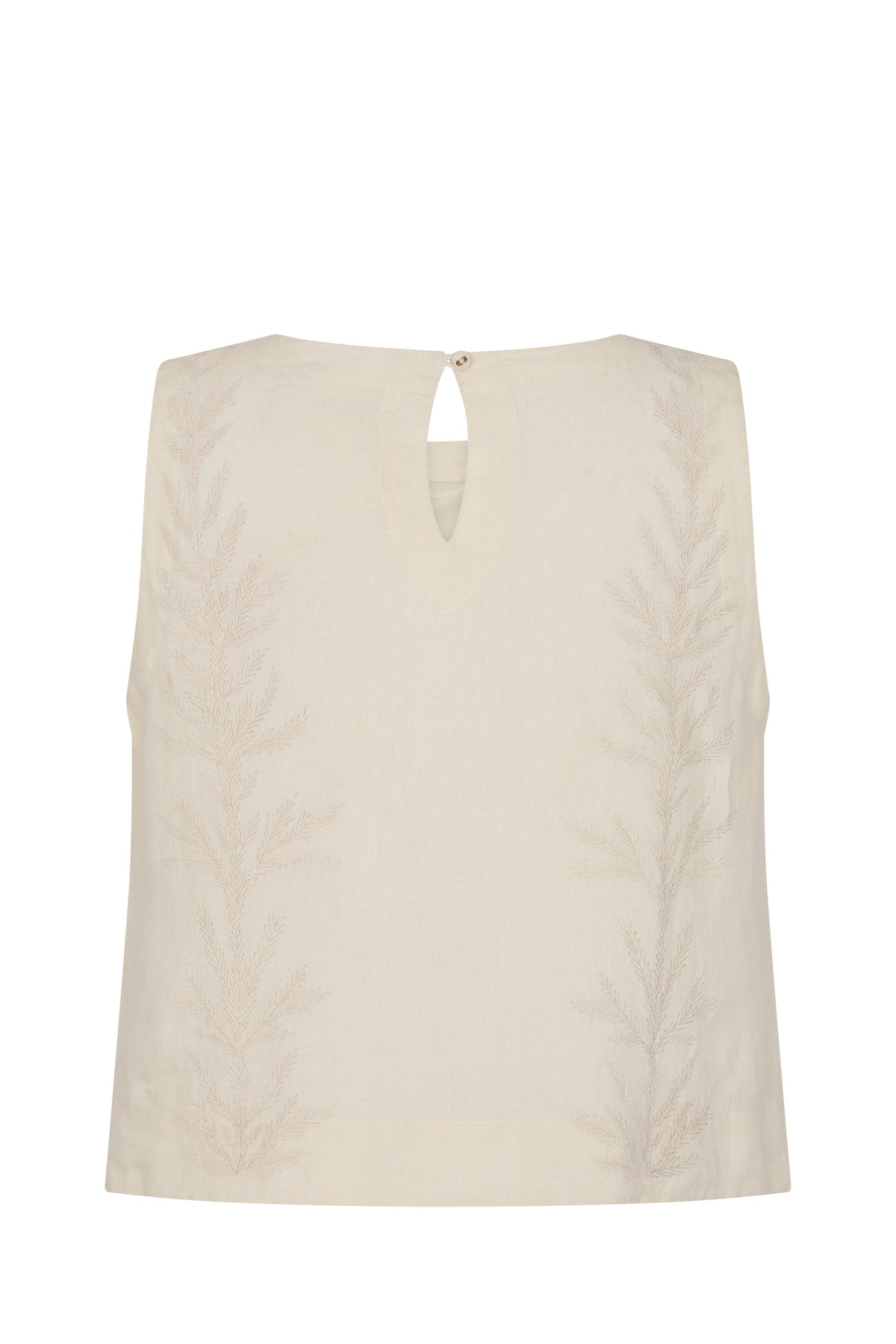 Back view of the sleeveless gardenia-white top featuring tonal botanical embroidery along both sides and a keyhole button closure at the neckline. The relaxed silhouette and lightweight fabric offer effortless sophistication and comfort.